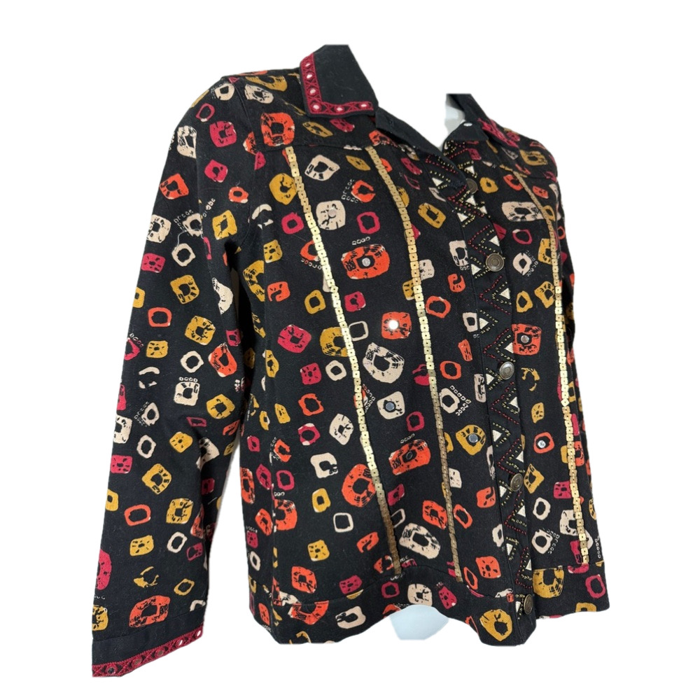 Thomas & Olivia Black Multi Color Sequined Beads Embroidery Denim Jacket SKU0599 - Picture 4 of 13